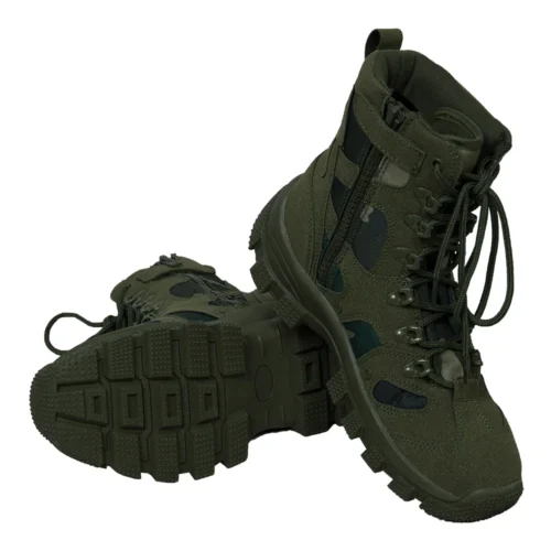 Pair of green lace up combat boots showing reinforced stitching and thick rubber sole for high traction and protection on rough terrain.
