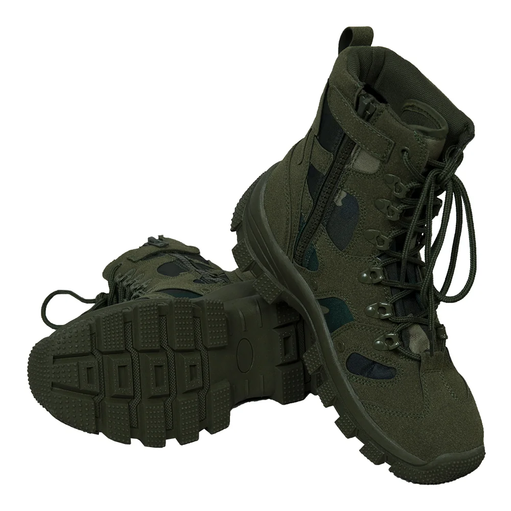 Pair of green lace up combat boots showing reinforced stitching and thick rubber sole for high traction and protection on rough terrain.