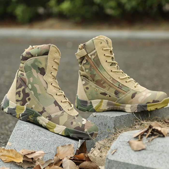 Tan waterproof combat boots with camouflage print and rugged sole, designed for desert training and military operations.