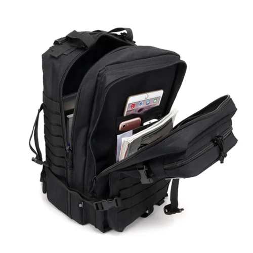 Open tactical backpack showing multiple compartments for tablets, phones, documents, and gear; MOLLE system and rugged zippers for outdoor missions.