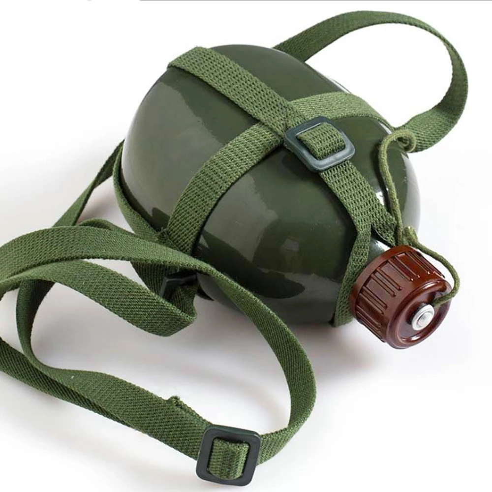 Angled view of a military-grade water bottle featuring an adjustable strap for easy carrying during hiking or tactical missions.