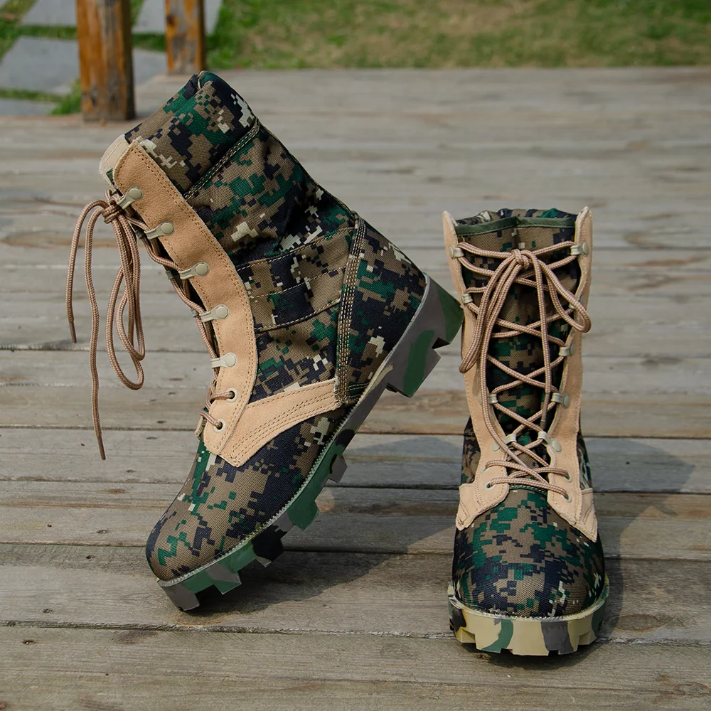 Camouflage tactical boots with lace-up design, rugged sole, and durable fabric, ideal for outdoor, army, or training activities.