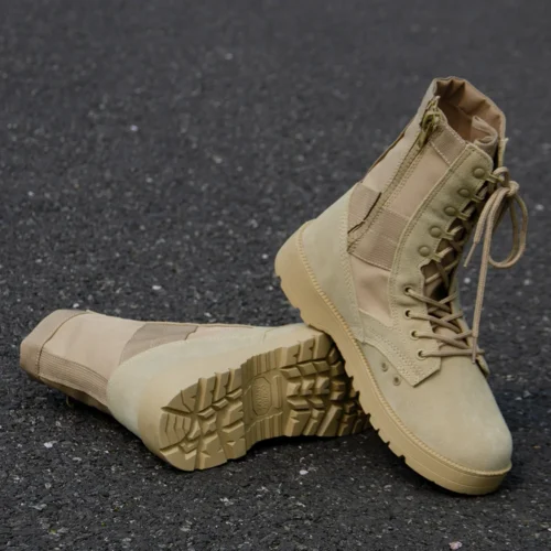 Beige army combat boots with lace-up and side zipper design, made from durable suede and nylon fabric for military and outdoor use.