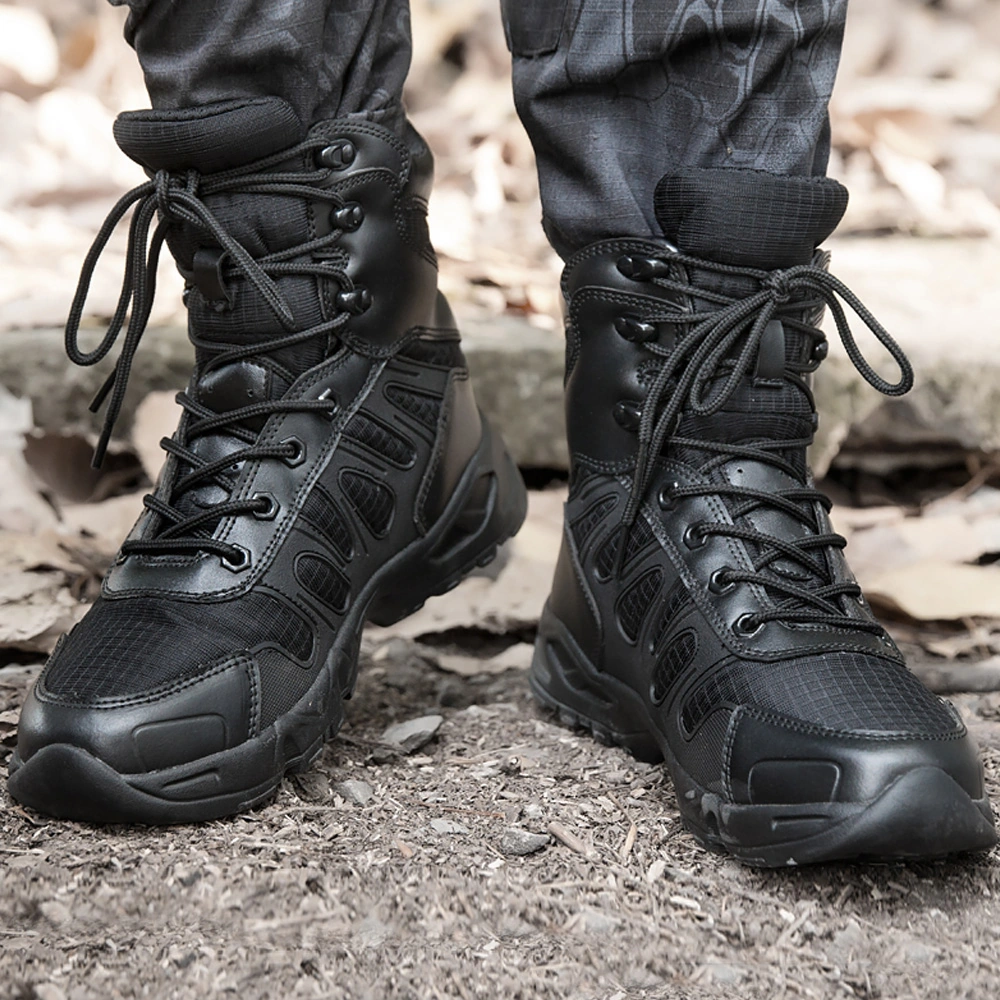 Model wearing black tactical boots with breathable nylon panels and cushioned ankle support, ideal for hiking, patrol, or training missions.