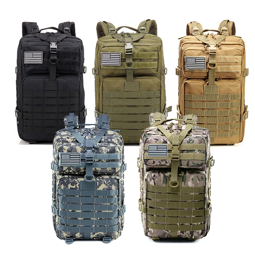 Collection of tactical backpacks in black, army green, khaki, digital camo, and CP camo; MOLLE-compatible military packs for OEM/ODM supply.