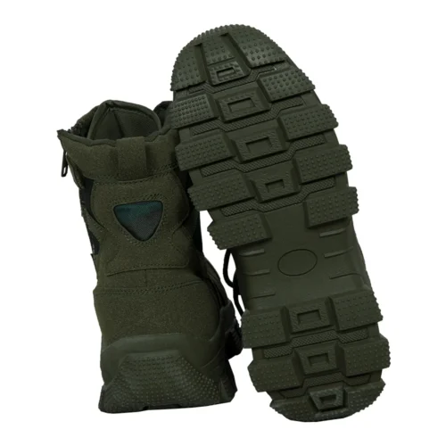Olive green lace up combat boots with rugged anti-slip outsole and side zipper, designed for tactical missions and outdoor performance.