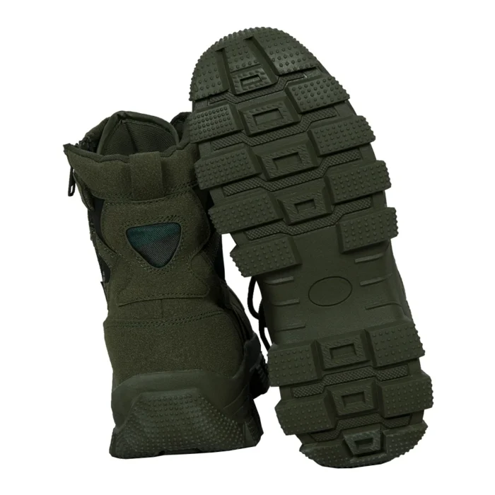 Olive green lace up combat boots with rugged anti-slip outsole and side zipper, designed for tactical missions and outdoor performance.