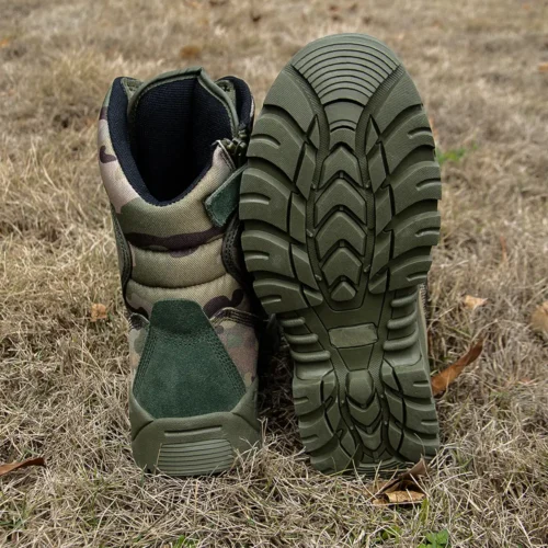 Bottom view of army military boots showing deep tread outsole for superior grip and stability on rugged terrain.