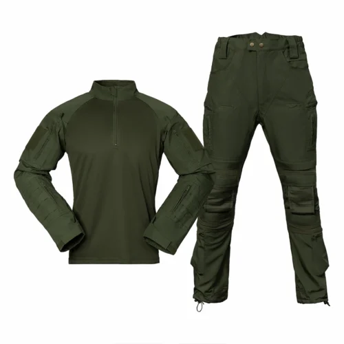 Front view of army green tactical uniform including long-sleeve shirt and pants with knee protection design and adjustable cuffs.