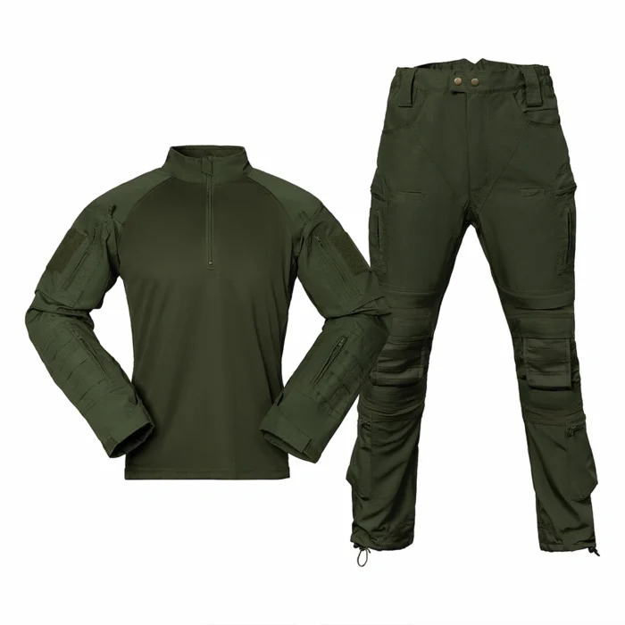 Front view of army green tactical uniform including long-sleeve shirt and pants with knee protection design and adjustable cuffs.