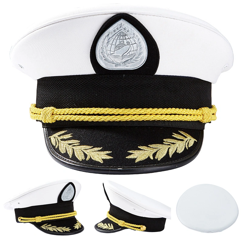 High-quality white naval peaked cap with gold leaf embroidery and detachable top cover, ideal for captain uniforms and formal military dress.