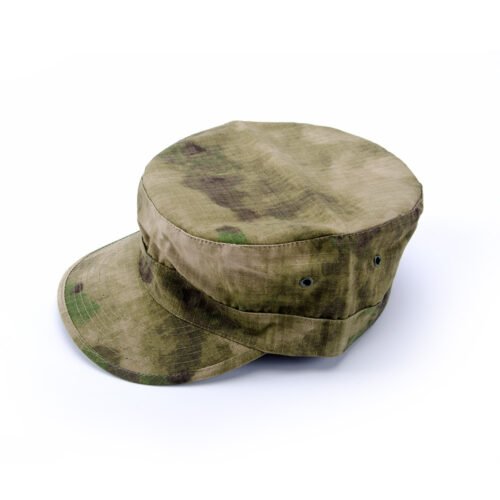 Green camouflage military cap made with ripstop polyester-cotton fabric. Lightweight, durable, and ideal for army, police, and tactical gear suppliers.