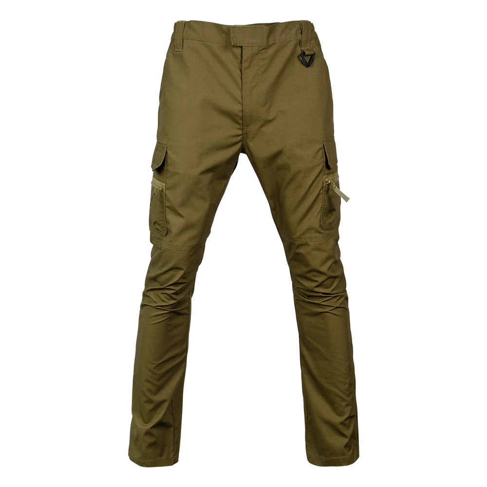 Front view of waterproof tactical pants for men with multi-functional pockets, ripstop fabric, and adjustable waistband for outdoor activities.