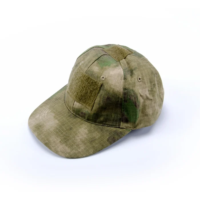 Multicam camouflage tactical cap with front and top Velcro.