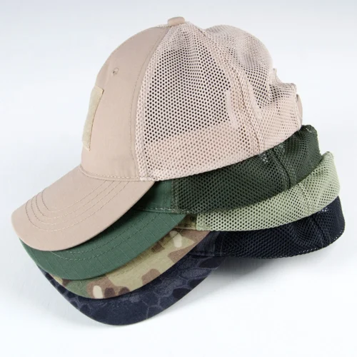 Assorted tactical mesh ball caps featuring ripstop fabric, Velcro patch areas and breathable mesh. Includes khaki, green, CP camo and black python camo designs.