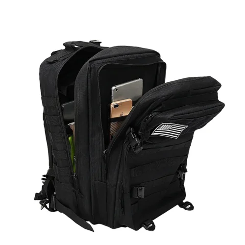Spacious tactical backpack with multiple compartments for phones, tools, and gear. Designed for military, outdoor missions, and daily carry.