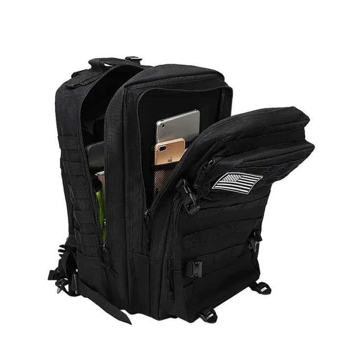 Spacious tactical backpack with multiple compartments for phones, tools, and gear. Designed for military, outdoor missions, and daily carry.