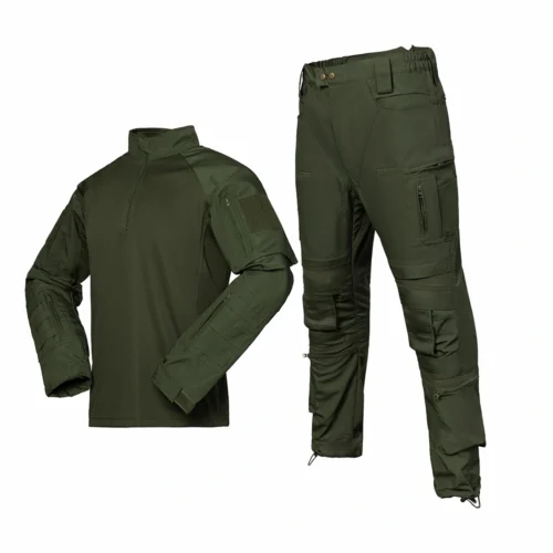 Army green tactical uniform featuring half-zip combat shirt and ripstop cargo pants with multiple zippered utility pockets.