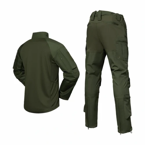 Back view of army green tactical uniform showing ergonomic design, zippered arm pocket, and reinforced stitching for flexibility.