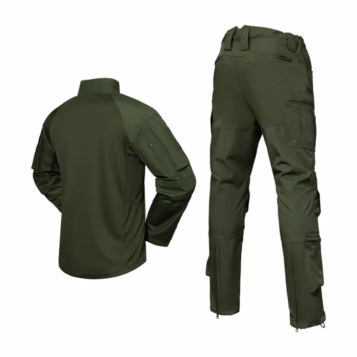 Back view of army green tactical uniform showing ergonomic design, zippered arm pocket, and reinforced stitching for flexibility.