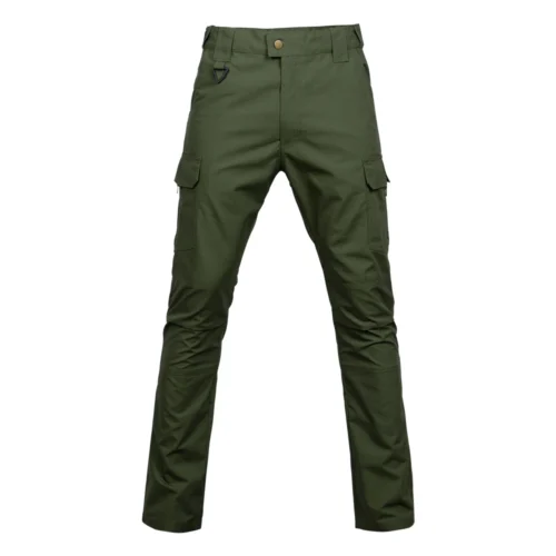 Front view of cargo tactical pants for men in army green, made with ripstop fabric and multiple pockets for outdoor, work, and tactical use.