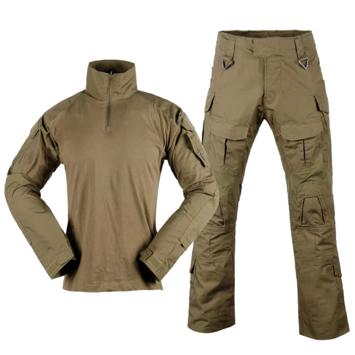 Tactical Suit – Khaki Combat Uniform with Reinforced Knee Design Khaki tactical suit including a long-sleeve shirt and cargo pants with reinforced knees and velcro patches for field protection.