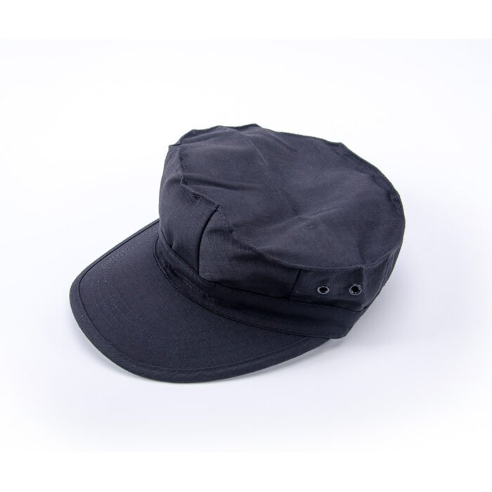 Black tactical army patrol cap made from durable ripstop fabric with ventilation eyelets, suitable for security and outdoor missions.