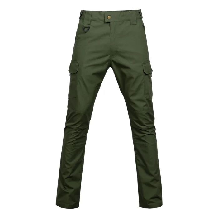 Front view of cargo tactical pants for men in army green, made with ripstop fabric and multiple pockets for outdoor, work, and tactical use.