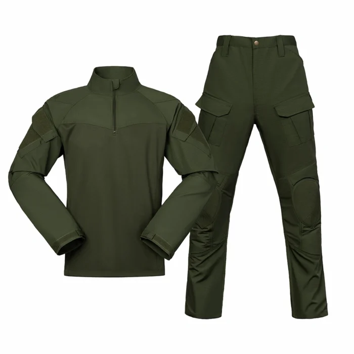 Army green tactical apparel combining ripstop fabric and protective design, ideal for outdoor and military training.