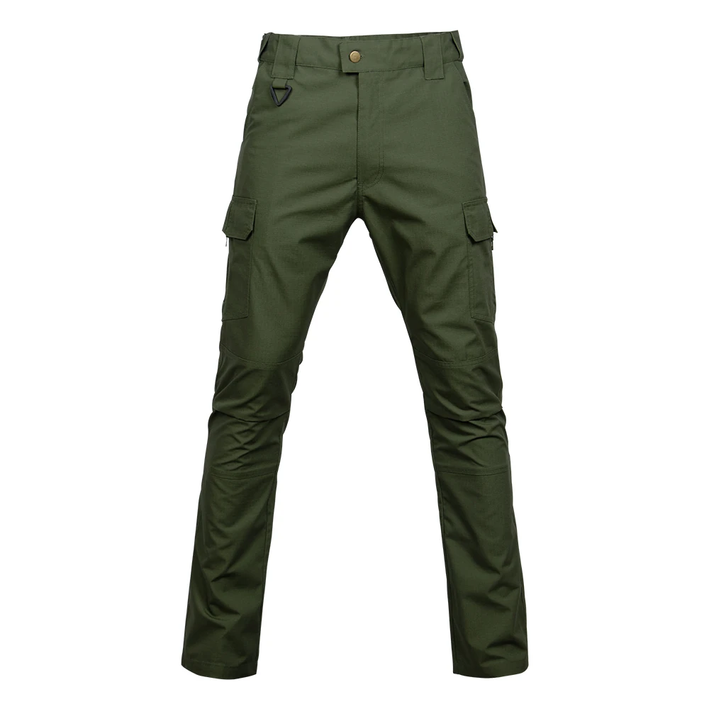 Front view of cargo tactical pants for men in army green, made with ripstop fabric and multiple pockets for outdoor, work, and tactical use.