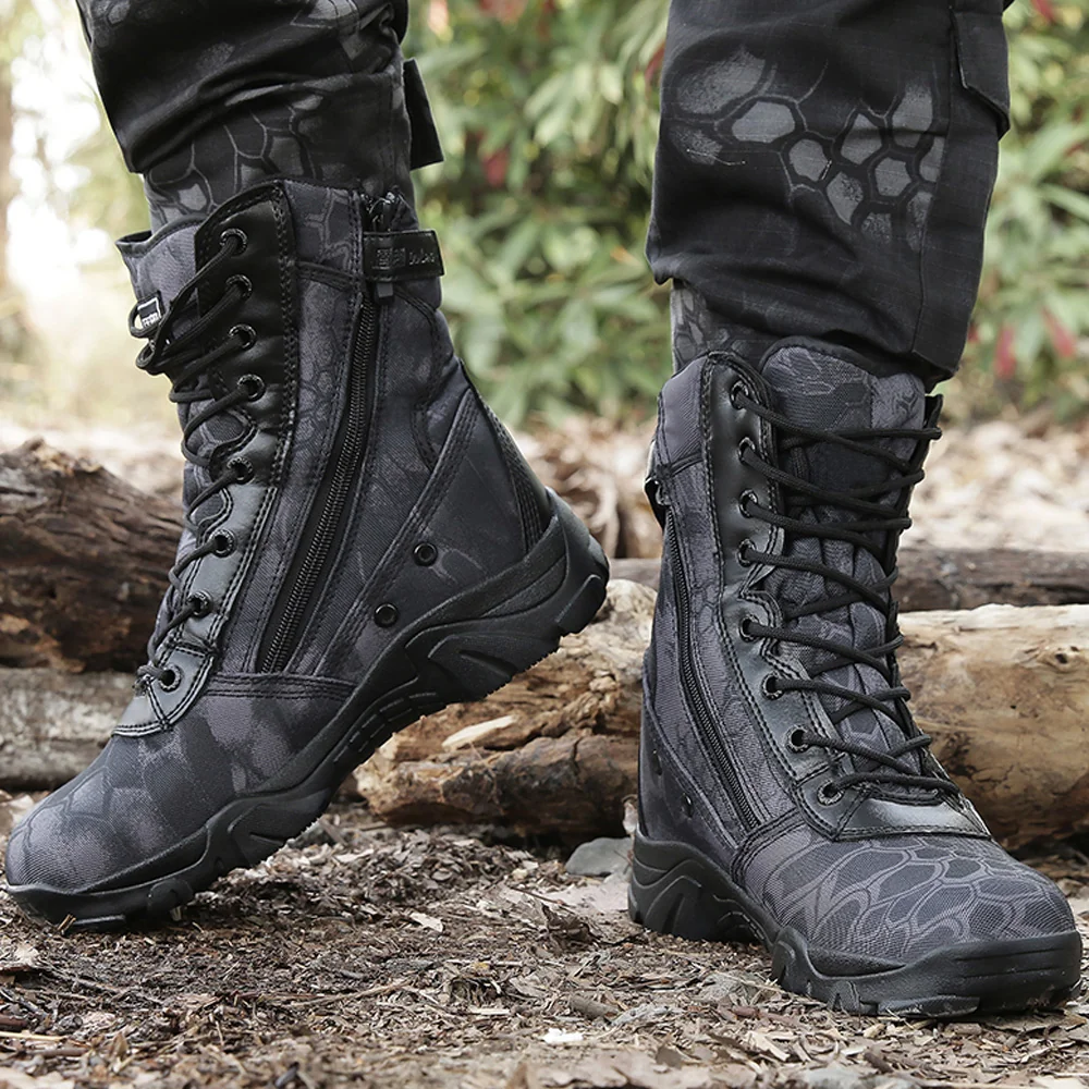 Model wearing black waterproof combat boots with camouflage pattern, side zipper, and lace-up closure for outdoor missions.