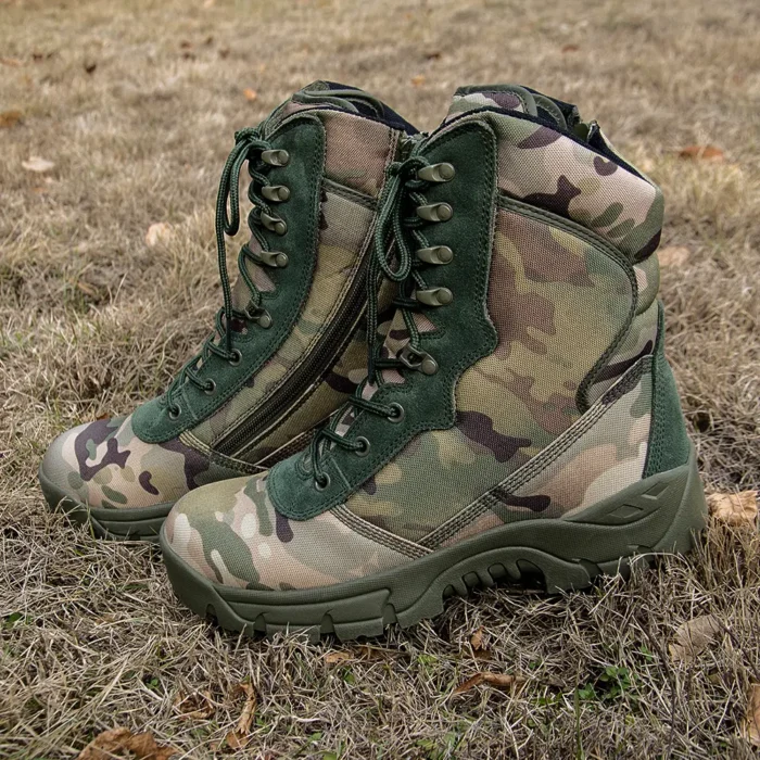 Army military boots with camouflage pattern, rugged outsole, and side zipper design for tactical performance and outdoor missions.