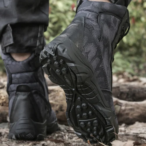 Bottom view of waterproof combat boots showing multi-grip rubber outsole for superior traction on wet and rugged terrains.
