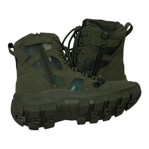 Bottom and back view of lace up combat boots showing deep tread sole and durable heel construction for military and tactical applications.