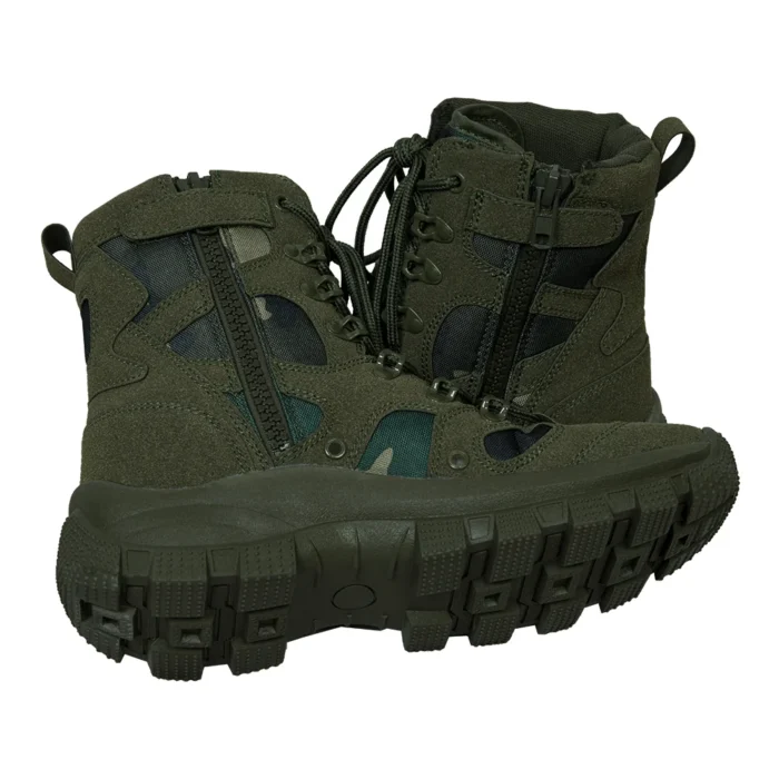 Bottom and back view of lace up combat boots showing deep tread sole and durable heel construction for military and tactical applications.