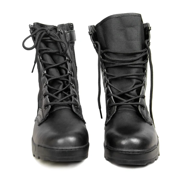 Front view of black leather combat boots featuring lace-up design and reinforced toe cap, ideal for tactical and field operations.