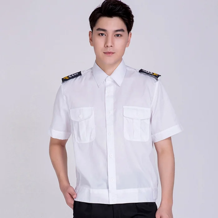Durable blue long-sleeve security uniform shirt with dual chest pockets and formal collar design. Security Uniform Shirt – White Short-Sleeve Security Work Shirt