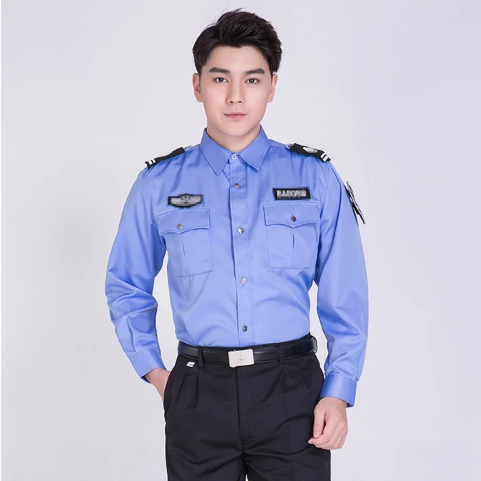 Durable blue long-sleeve security uniform shirt with dual chest pockets and formal collar design.