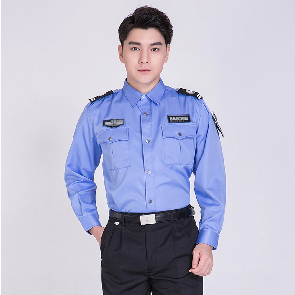 Durable blue long-sleeve security uniform shirt with dual chest pockets and formal collar design.