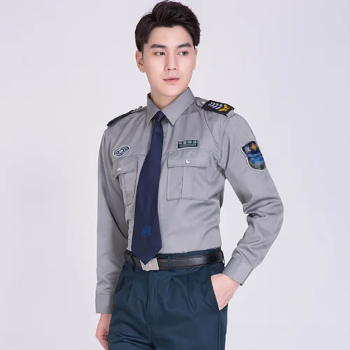 Long-sleeve gray security uniform shirt with shoulder epaulets and multi-pocket design for professional use.