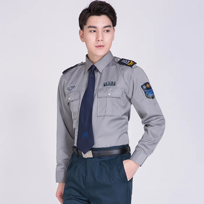 Long-sleeve gray security uniform shirt with shoulder epaulets and multi-pocket design for professional use.