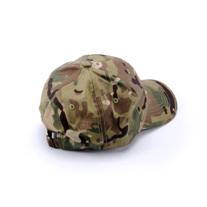 Military tactical cap in CP camouflage pattern. Ripstop fabric, breathable eyelets, and adjustable back strap for outdoor and combat use.