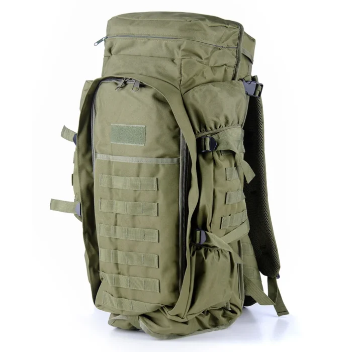 Front view of a rugged tactical backpack with MOLLE webbing, full-length zipper, and reinforced construction for military or outdoor missions.