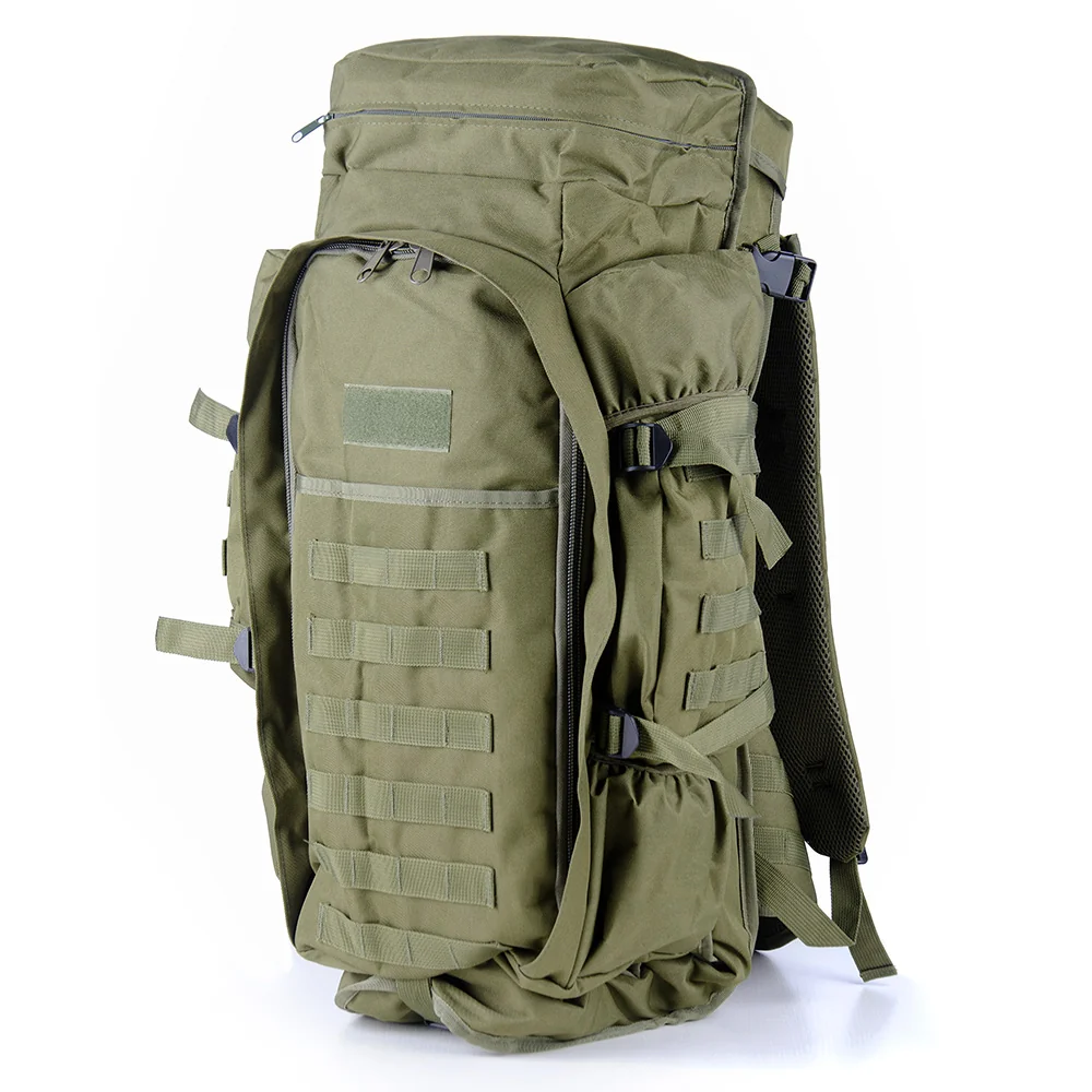 Front view of a rugged tactical backpack with MOLLE webbing, full-length zipper, and reinforced construction for military or outdoor missions.