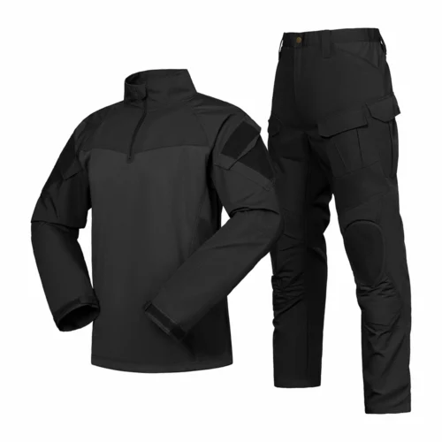 Black tactical apparel set featuring long-sleeve combat shirt and cargo pants with reinforced knee pads for tactical missions.