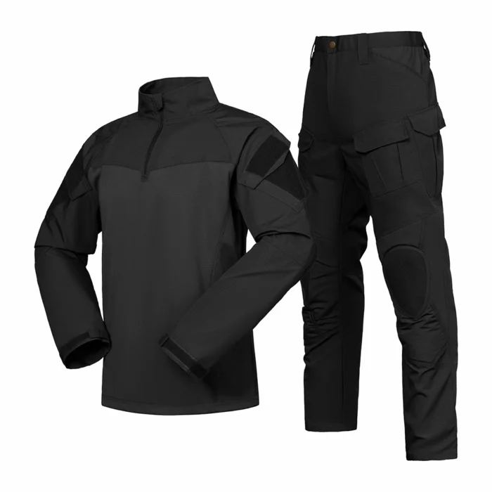 Black tactical apparel set featuring long-sleeve combat shirt and cargo pants with reinforced knee pads for tactical missions.