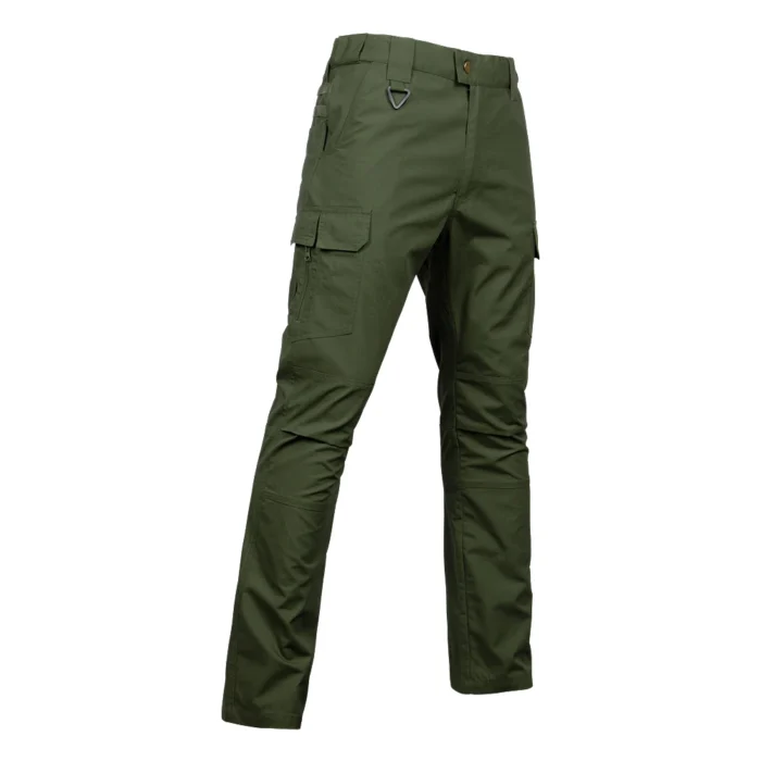 Side view of cargo tactical pants for men featuring large side cargo pockets, adjustable waist, and tactical D-ring for gear attachment.