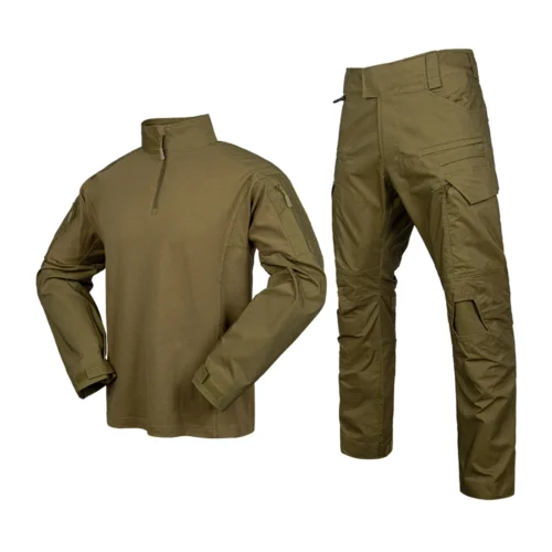 Khaki tactical uniform featuring a long-sleeve combat shirt and cargo pants, designed for mobility and durability in field operations.