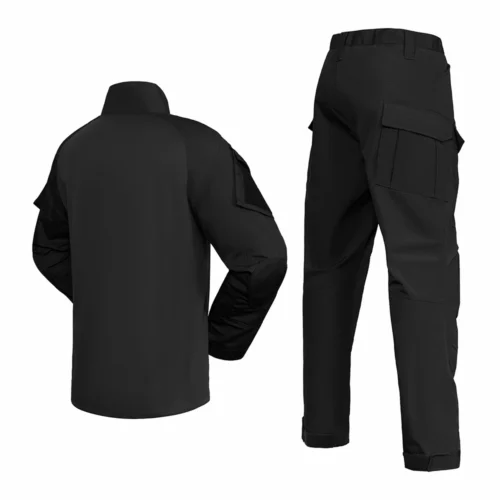 Back view of tactical apparel in black showing padded elbows, reinforced stitching, and multiple cargo pockets.