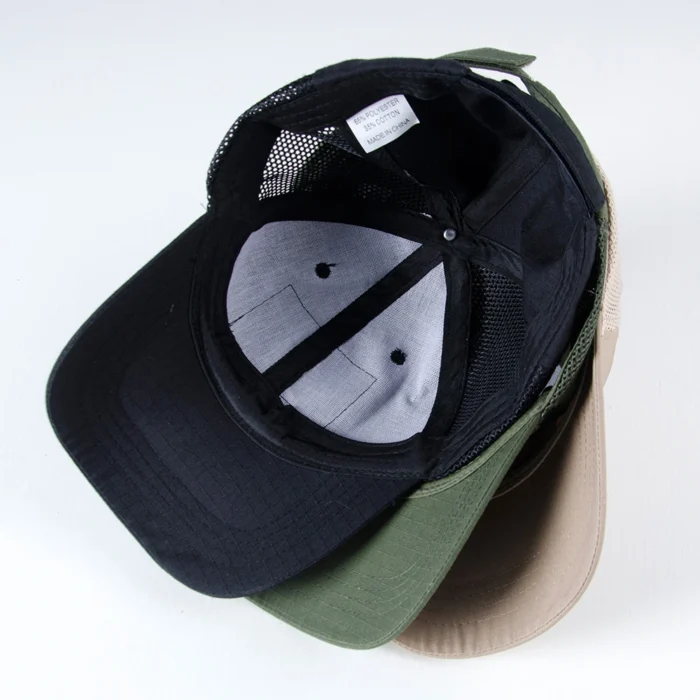 Close-up of the tactical ball cap interior showing reinforced stitching, mesh ventilation, and comfortable sweatband for long-term outdoor or military use.